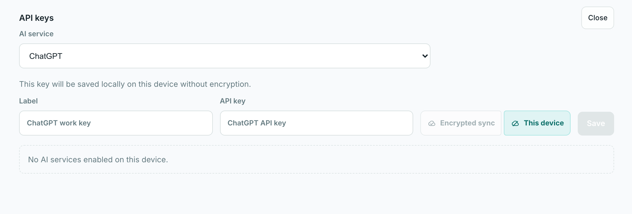 Screenshot of adding an API key in Lerix.