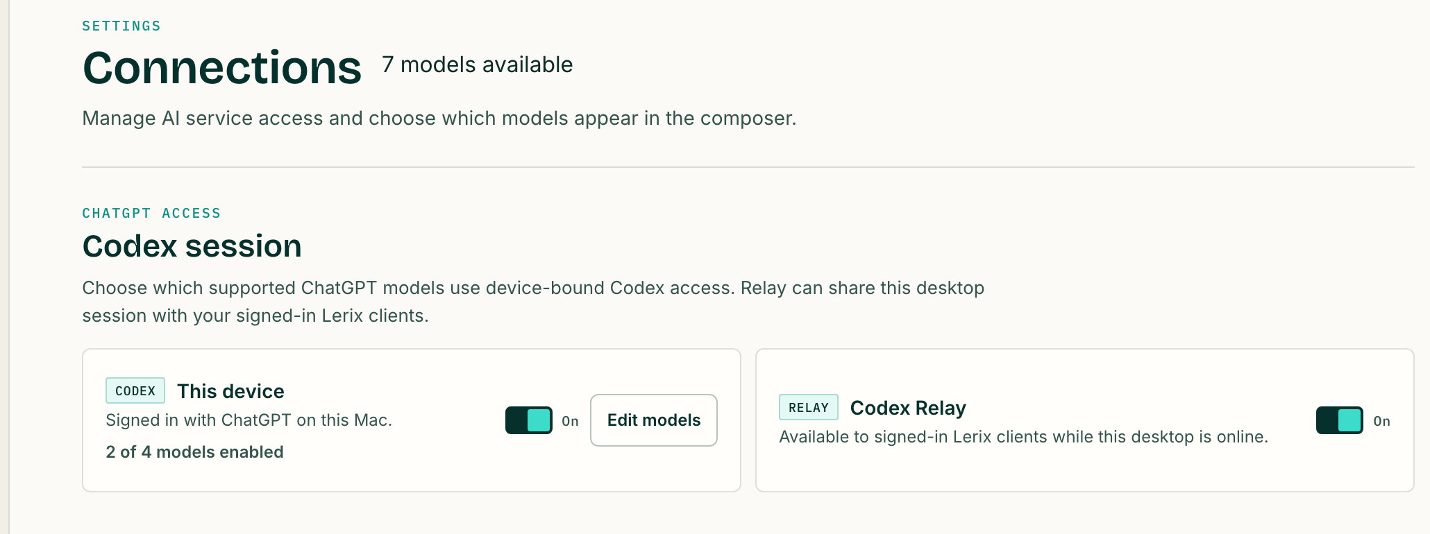 The real Lerix Connections settings showing an active Codex session on this Mac and Codex Relay turned on.