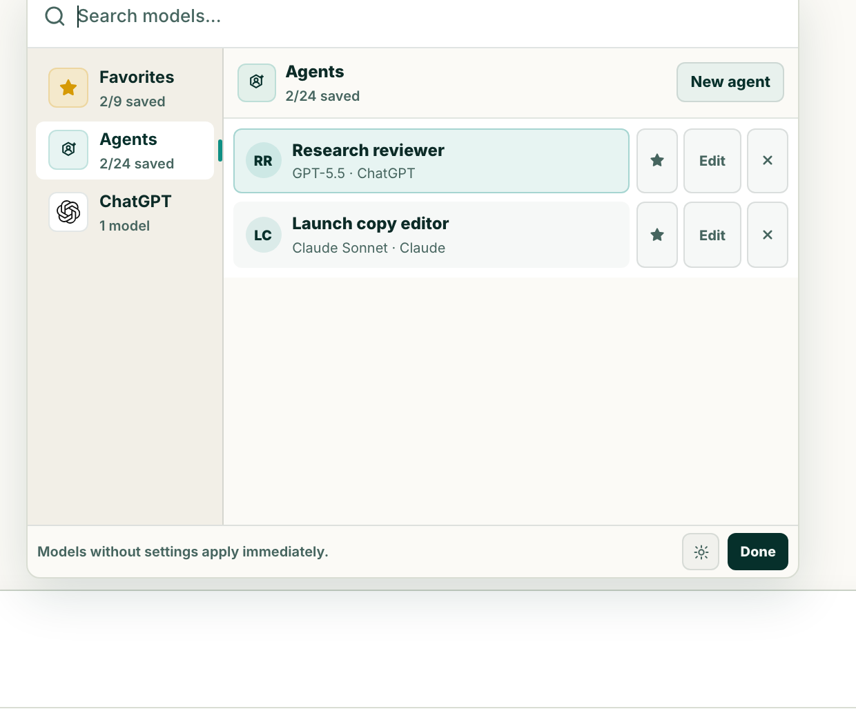 The real Lerix model menu showing two configured Saved Agents and the create Agent control.